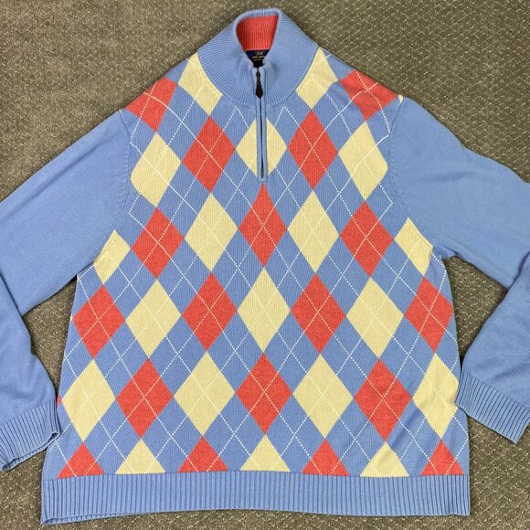 Brooks Brothers 346 1/4 Zip Argyle Sweater Men's XL Blue Coral Pink White supima - Picture 2 of 8